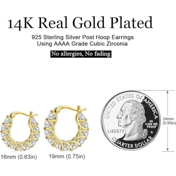 Women's 14K Gold Plated 925 Yellow Gold Cubic Zirconia Hoop Dainty Earrings - Picture 6 of 6